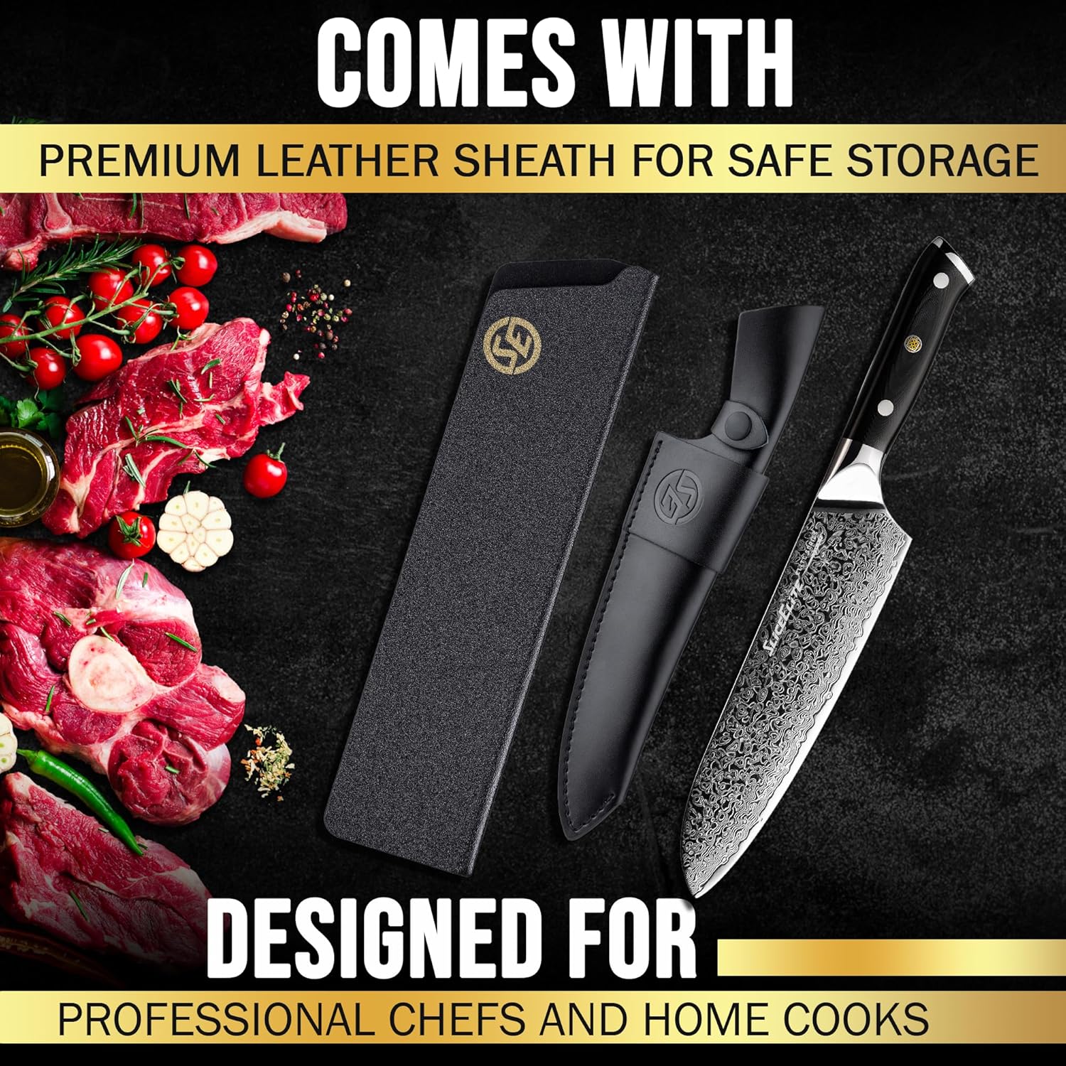 A premium leather sheath designed for safe storage of knives, shown with a professional chef's knife and fresh cuts of meat, highlighting its use for both professional chefs and home cooks.