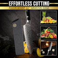 A premium polymer cover for knife storage, shown with a chef's knife and fresh fruits and vegetables. The image highlights its use for cutting and preparing produce, with a focus on both the cover and knife in a kitchen setting.