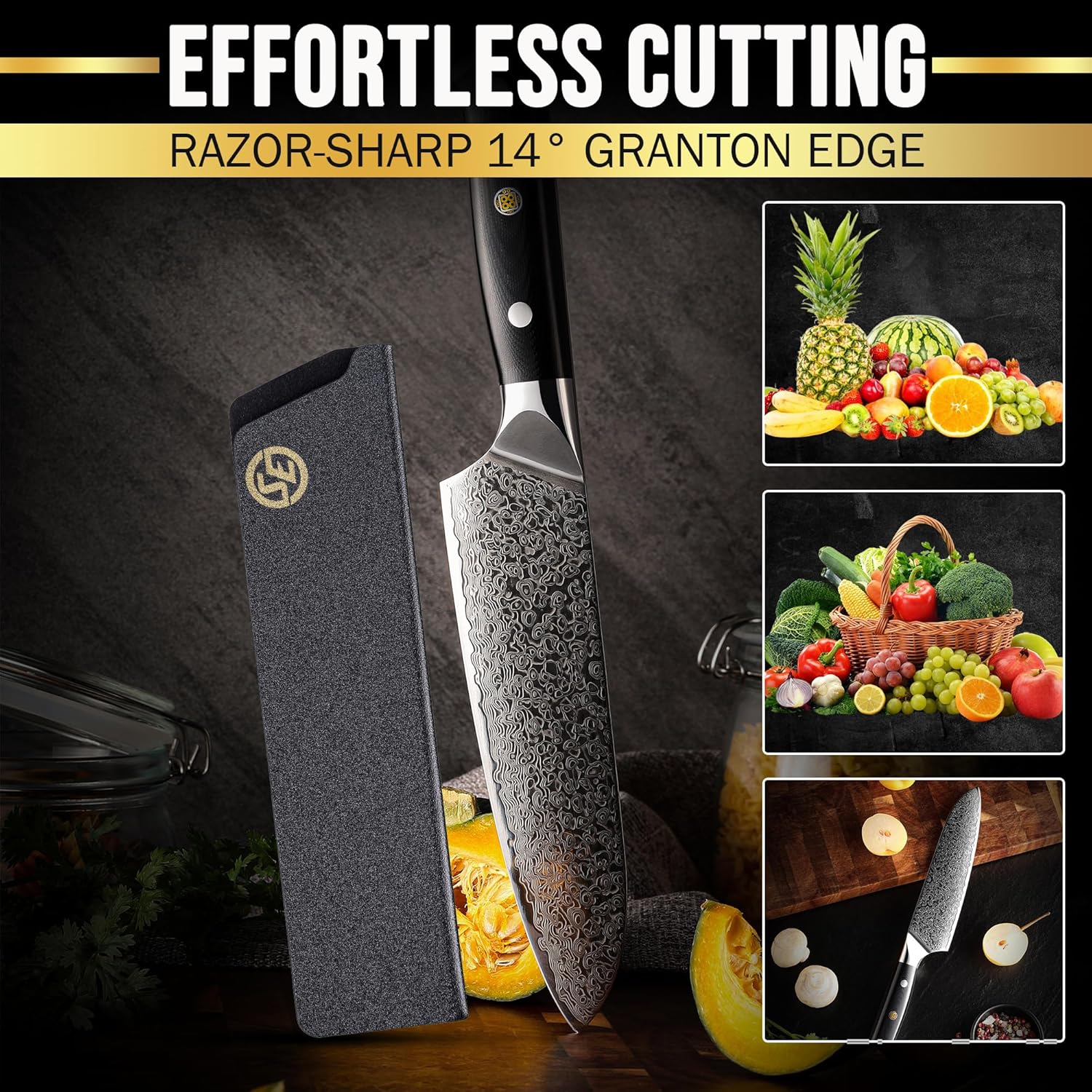 A premium polymer cover for knife storage, shown with a chef's knife and fresh fruits and vegetables. The image highlights its use for cutting and preparing produce, with a focus on both the cover and knife in a kitchen setting.