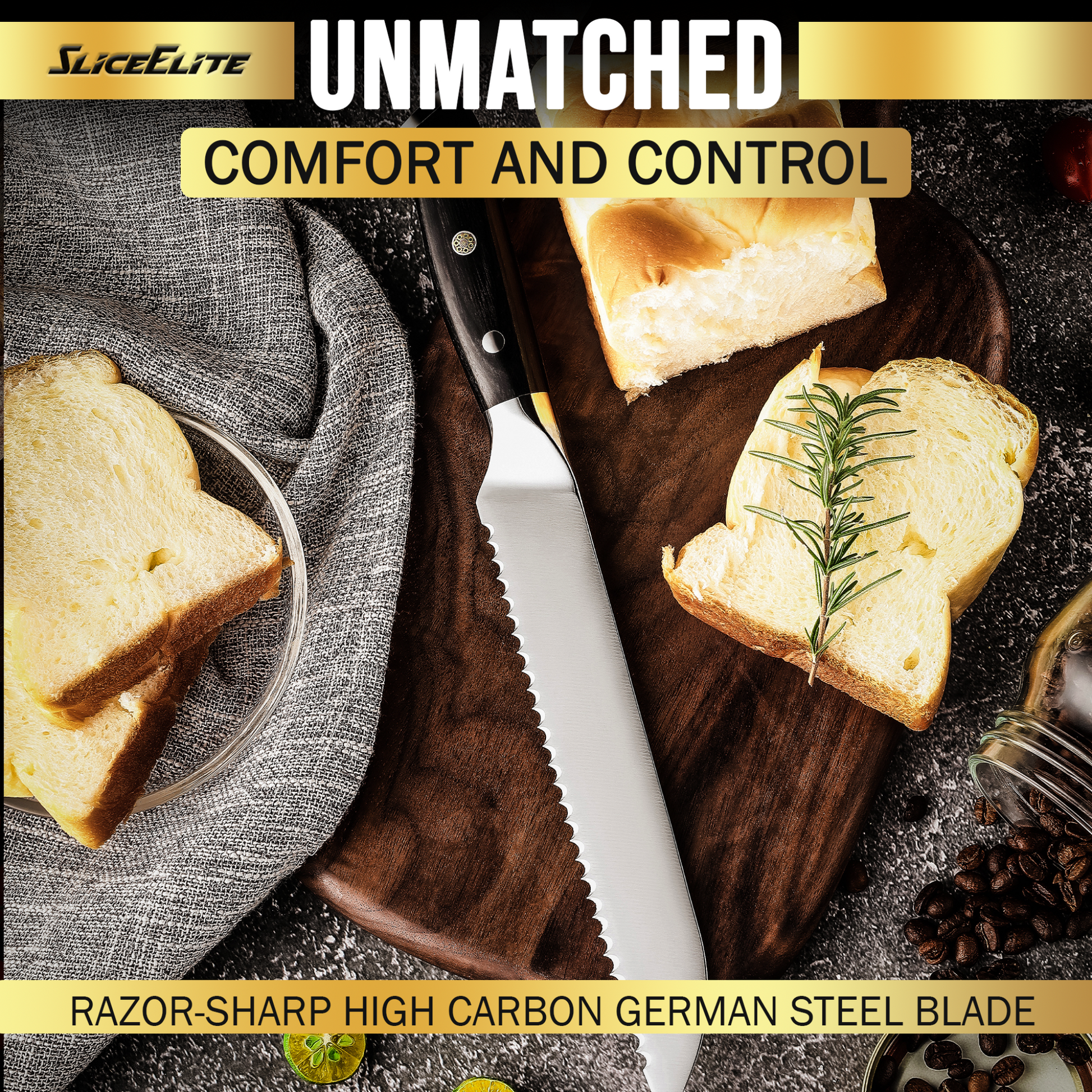 An 8-inch premium bread knife is setting on wooden cutting board along with some sliced bread 