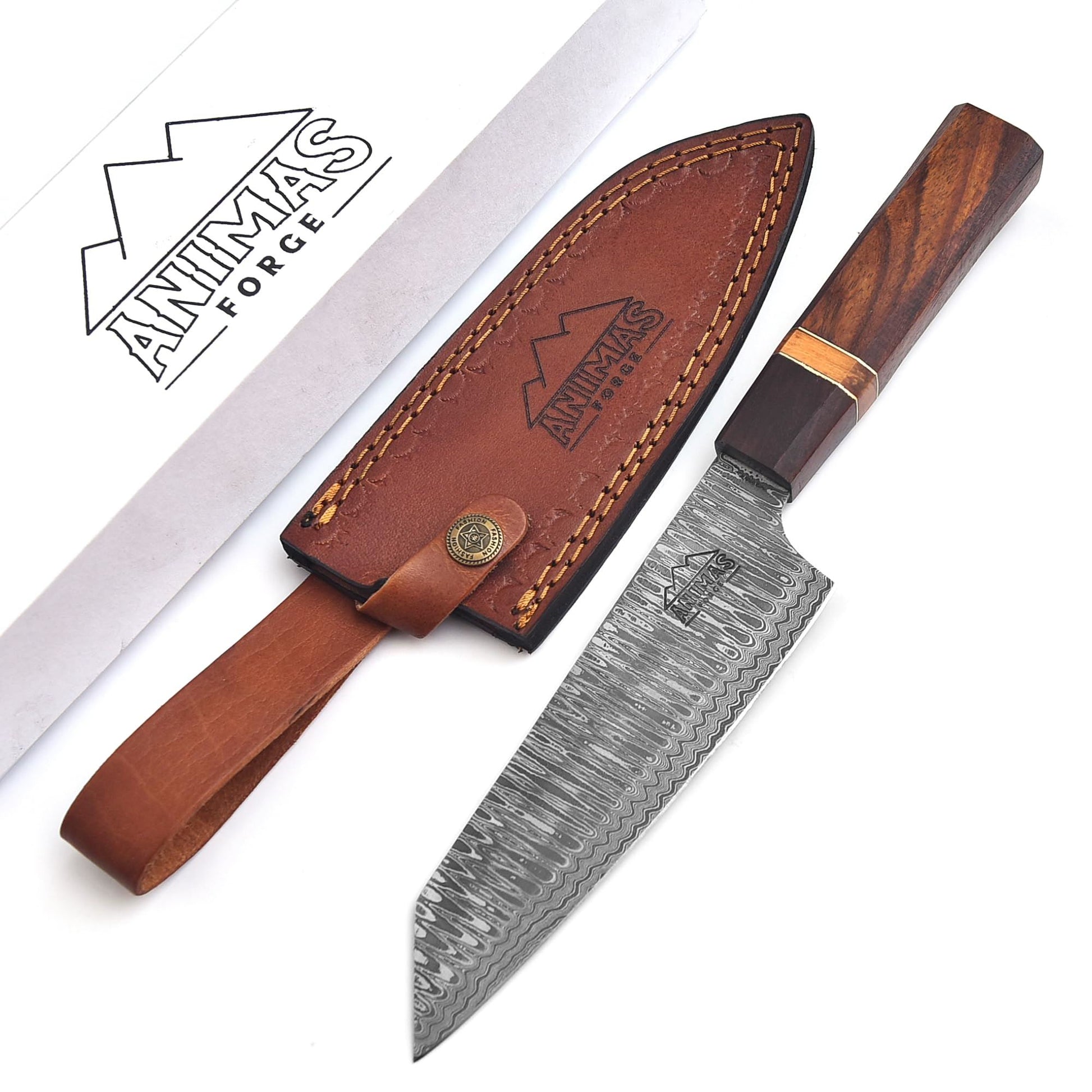 Knife with wooden handle and leather sheath on a white background, featuring 'Aluminum's Forge' branding.