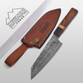 Knife with wooden handle and leather sheath on a white background, featuring 'Animus Forge' branding.