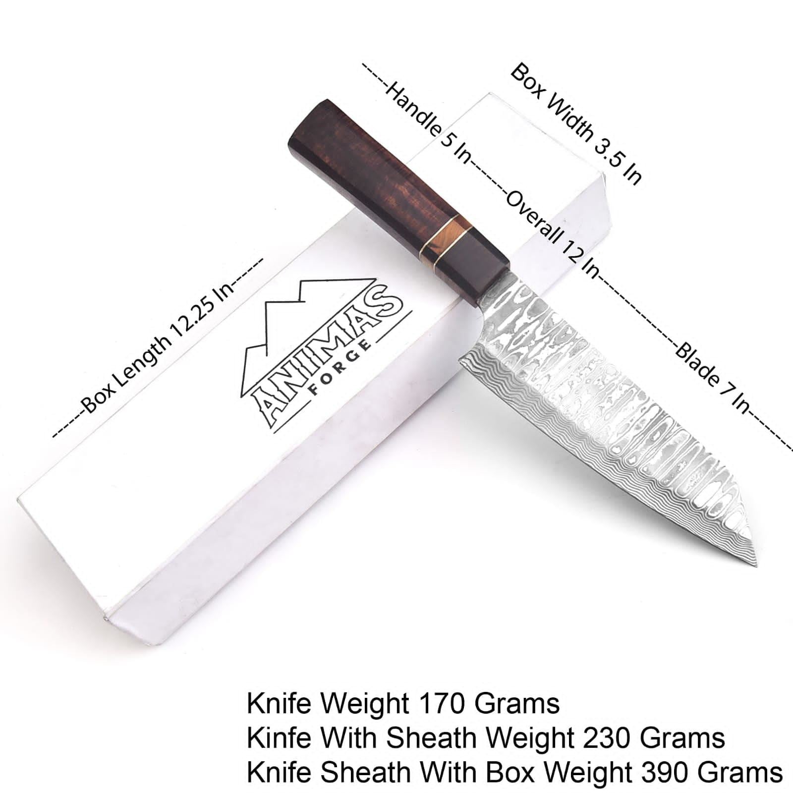 Knife with sheath on a white background, showing measurements and brand name.