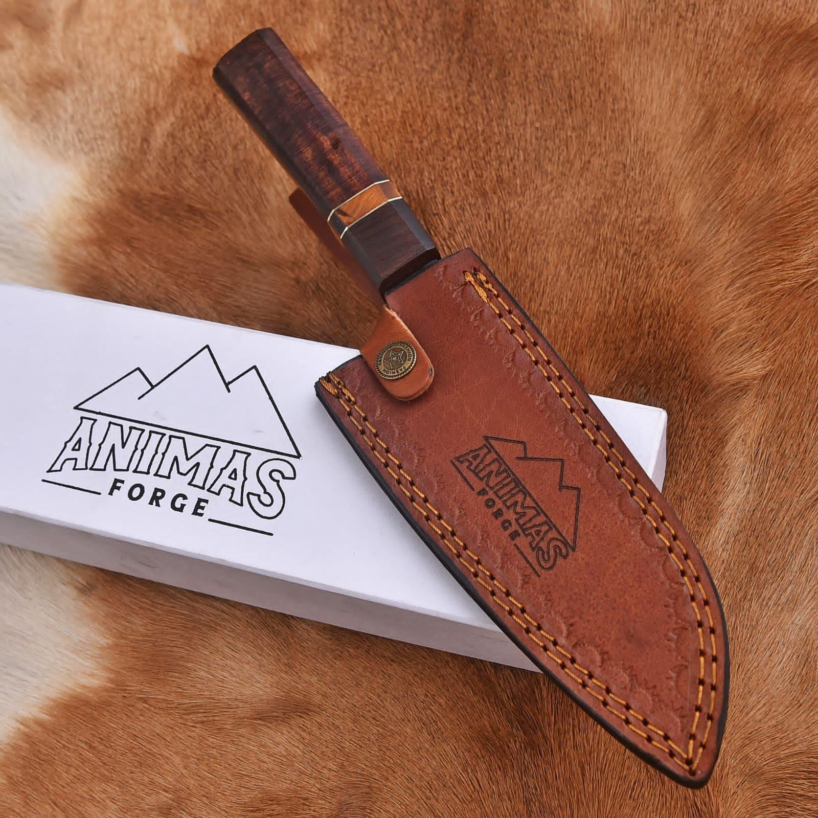 Brown leather knife sheath with 'Animas Forge' branding on a brown fur background