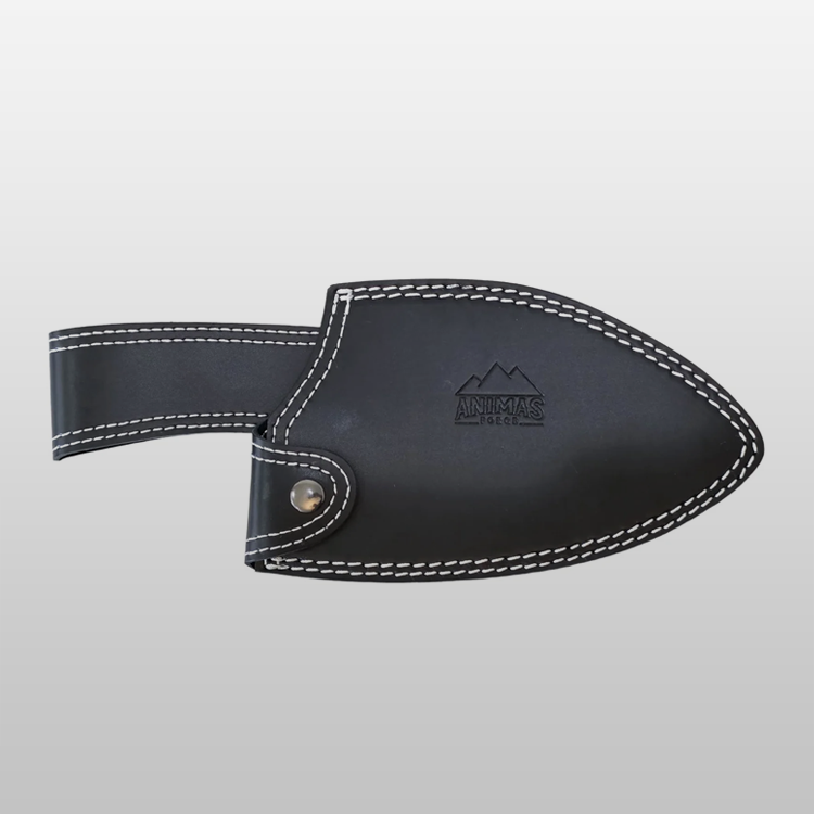 Black leather tool sheath with white stitching on a light gray background