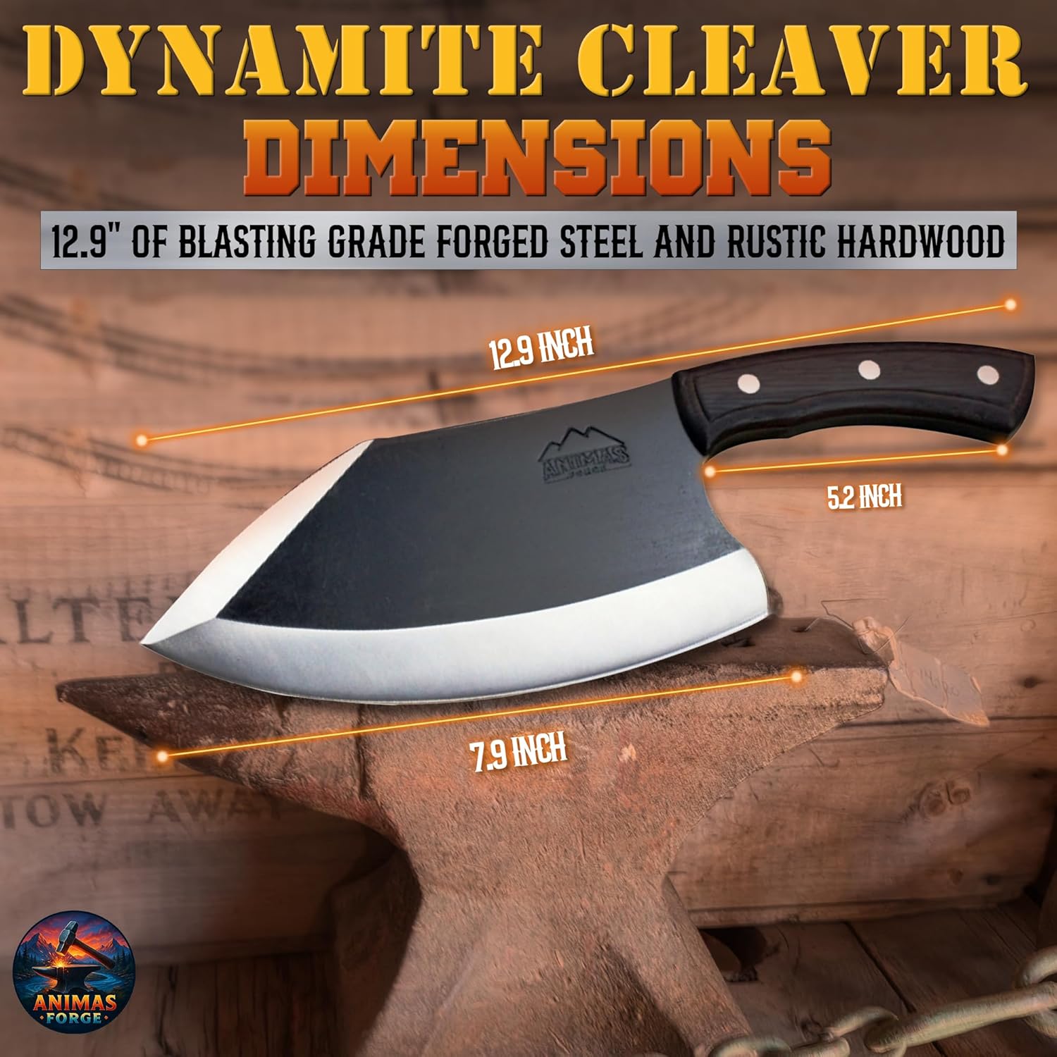 Dynamite Cleaver dimensions displayed on a wooden background with branding.