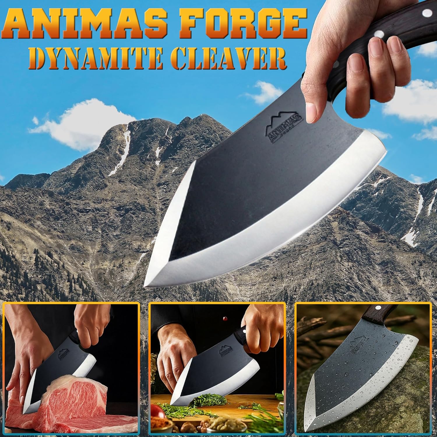 Animas Forge Dynamite Cleaver with mountainous background and usage examples.