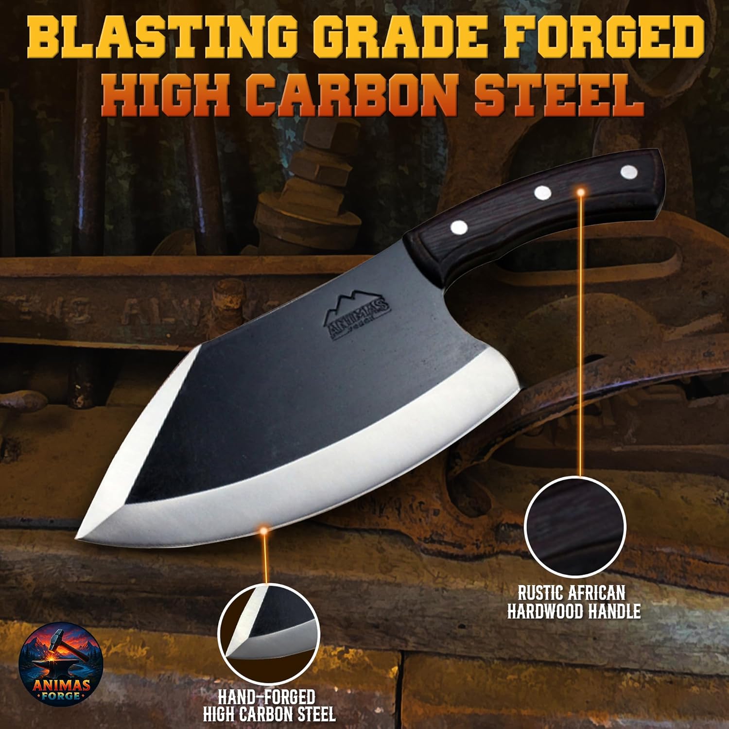 Knife with 'Blasting Grade Forged High Carbon Steel' text on a rustic background
