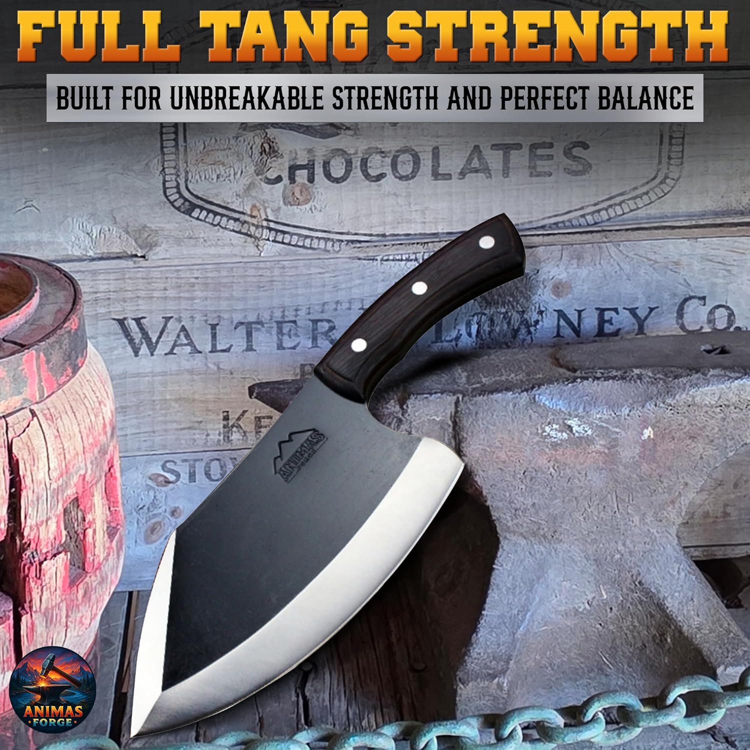 Animas Forge Knife with a wooden handle on a rustic background with text about strength and balance.