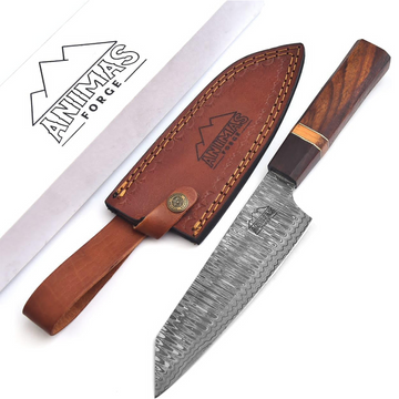Damascus Chef Knife 7" Blade Lightweight High Carbon Steel | Leather Sheath