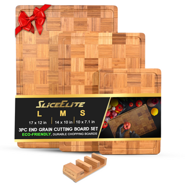 SliceElite Extra Large Bamboo Cutting Board Set 3 Piece End Grain Boards