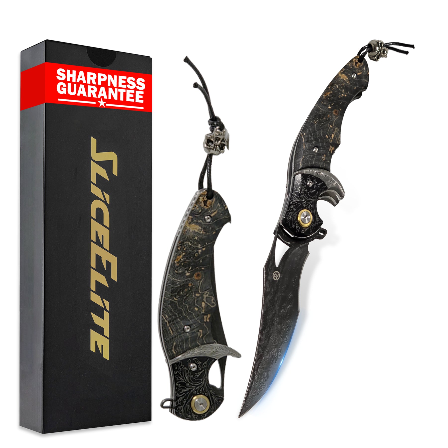 Black Lotus Folding Knife Damascus VG10 Blade Maple Burl Wood Handle