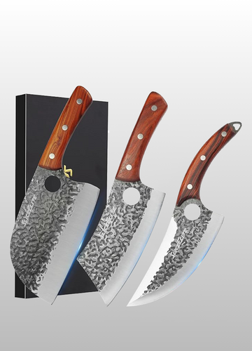3PCS Hand-Forged Professional Butcher Knife Set: Cleaver, Sharp Viking, & Boning, Knives for meat cutting | Chef Set with Gift Box meat cutting knife Perfect BBQ Gift for Men