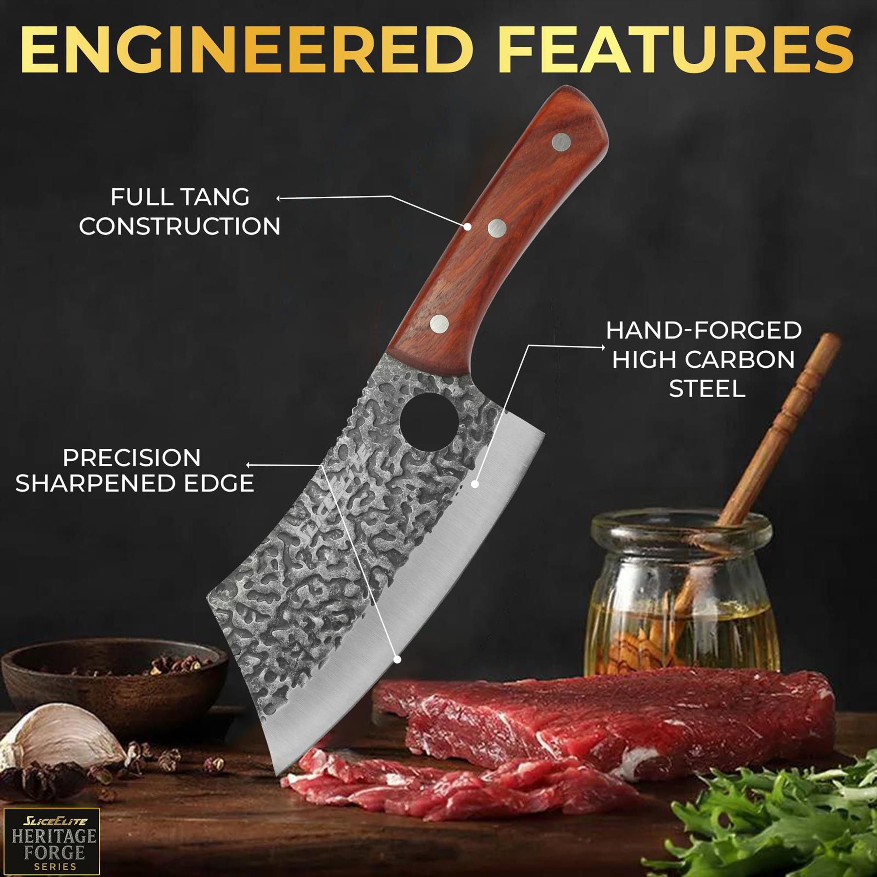 Butcher knife with labeled features on a dark background