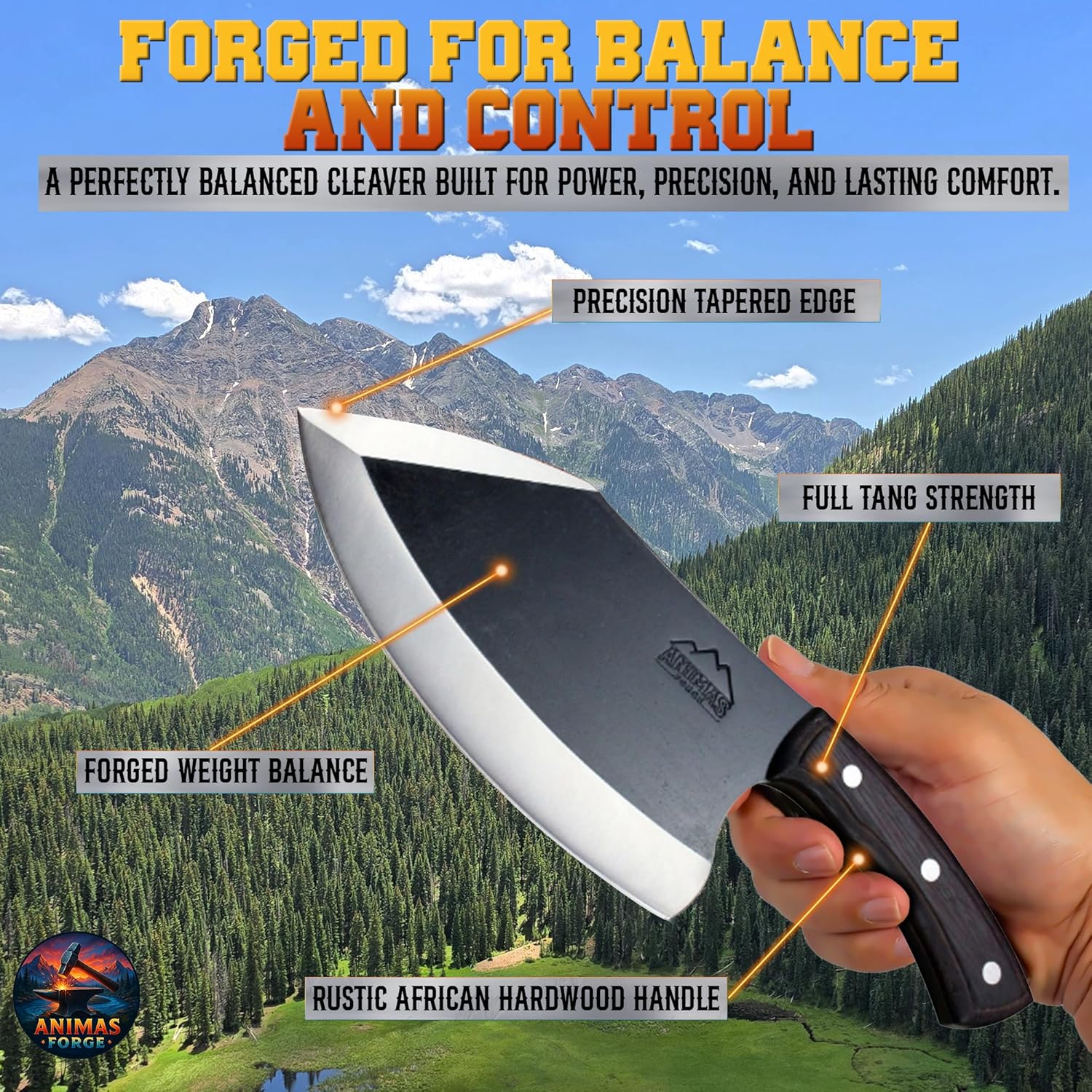 Cleaver held by a hand with mountainous landscape in the background, highlighting features like 'Forged for Balance and Control'.