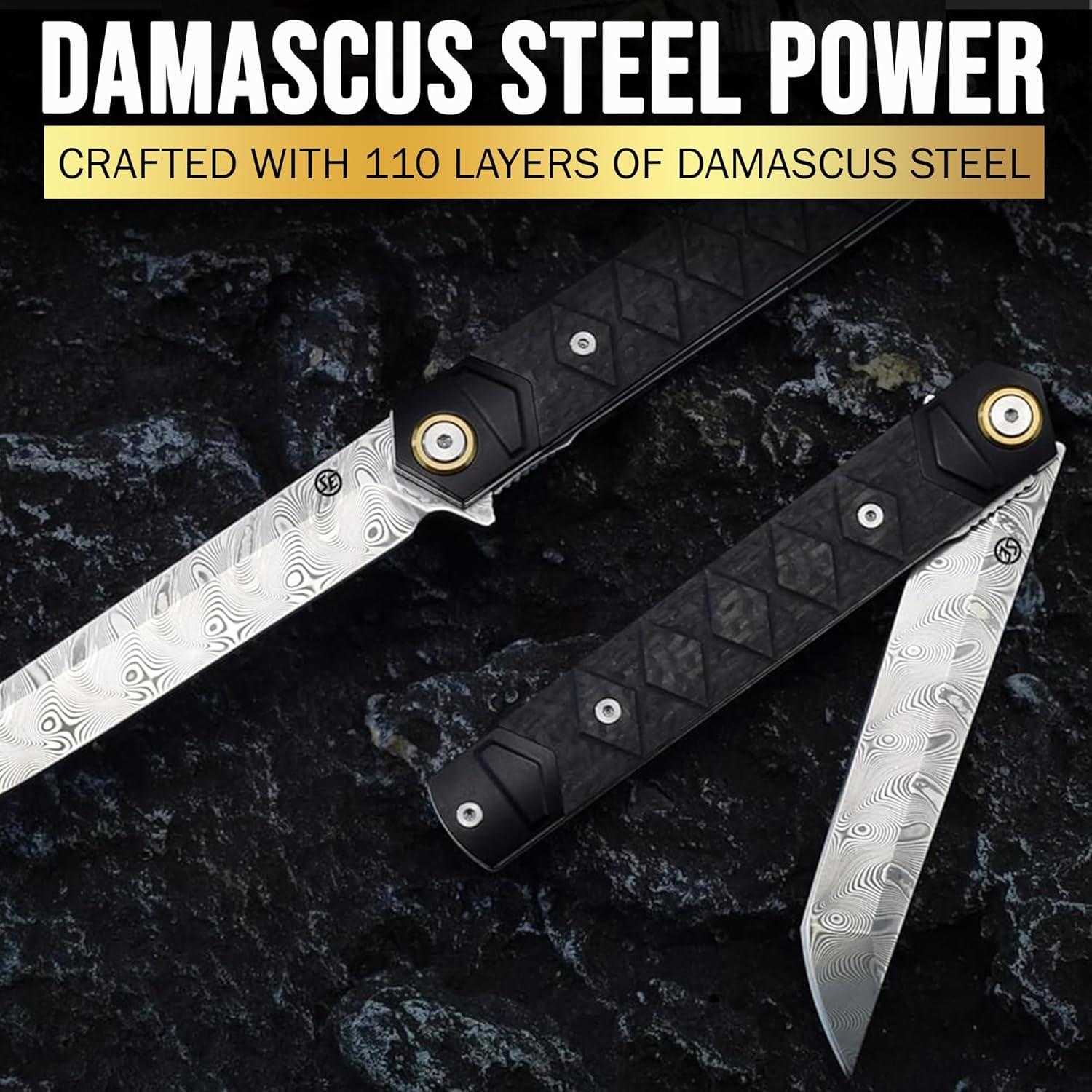 Damascus Blade Carbon Fiber Handle Folding Knife