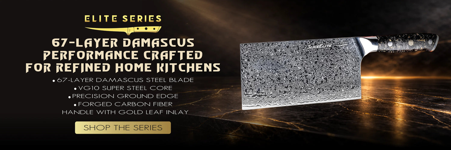 Knife with promotional text for Elite Series Damascus steel blade on a dark background