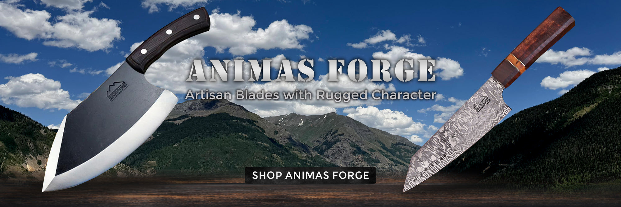 Two knives with 'Animas Forge' branding against a mountainous landscape.