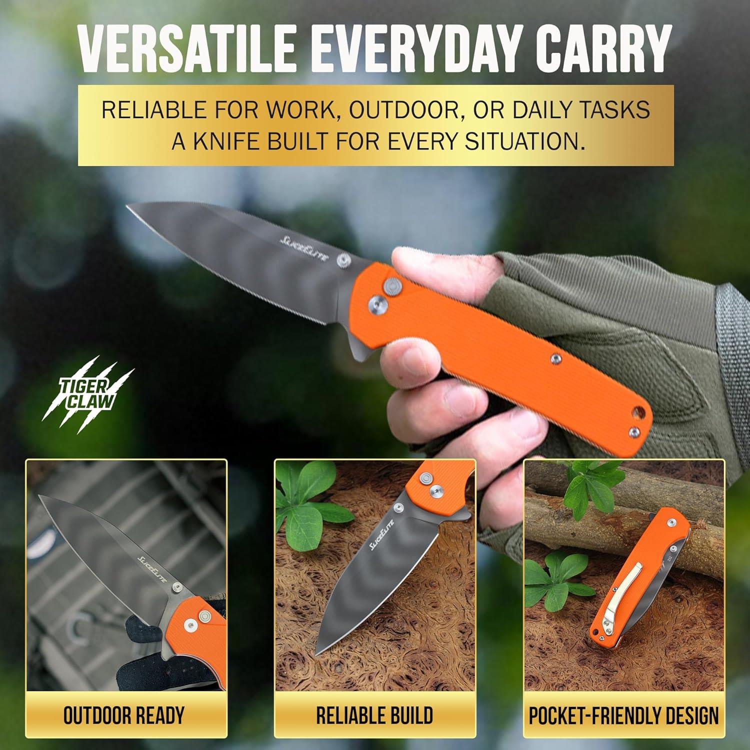SliceElite Tiger Claw Pocket Knife D2 Steel 3.5 Inch Orange G10 Handle