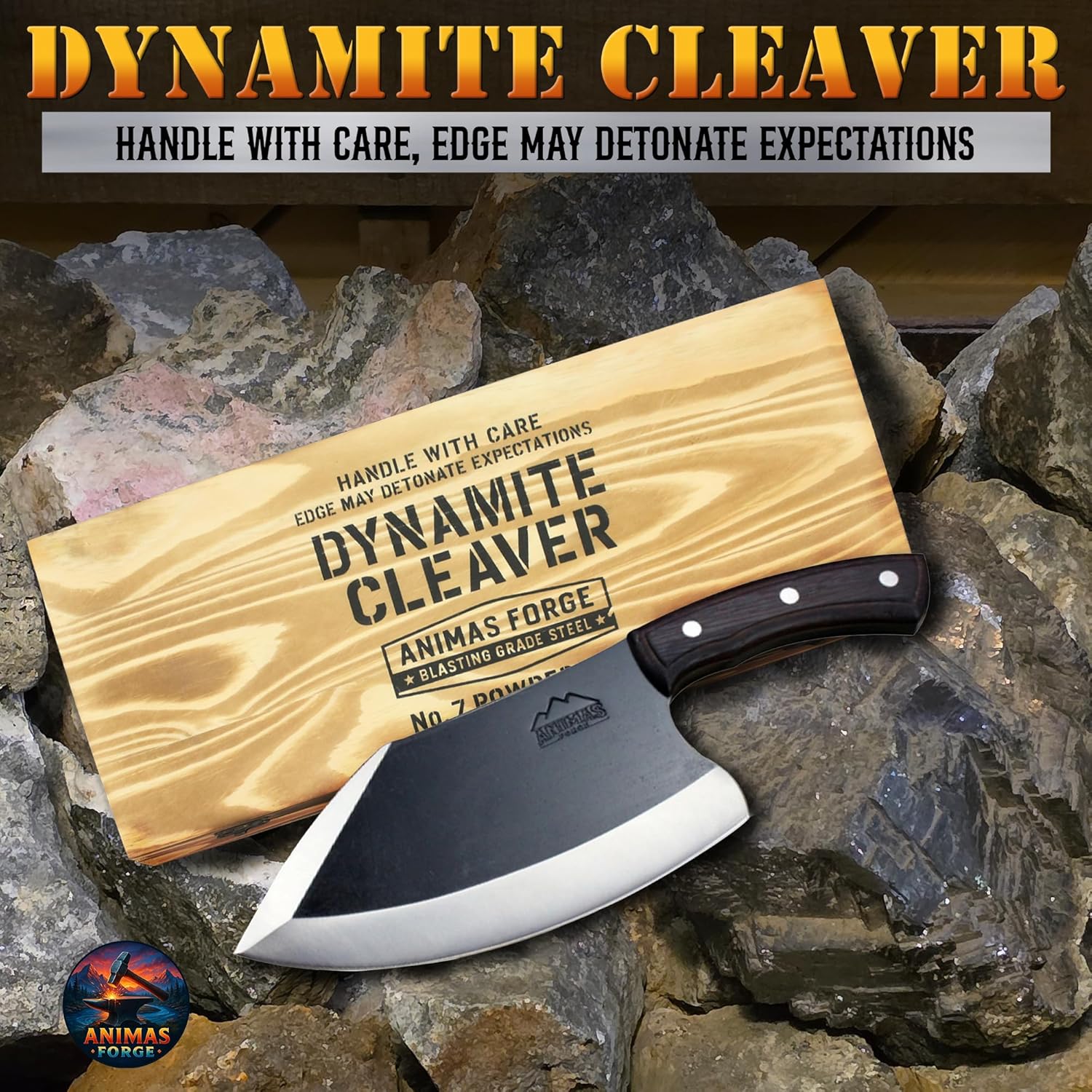 Dynamite Cleaver knife with wooden handle on rocks, featuring Animas Forge branding.