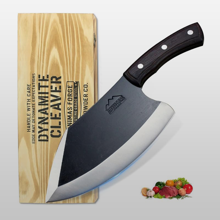 Dynamite Cleaver knife with wooden block on a white background