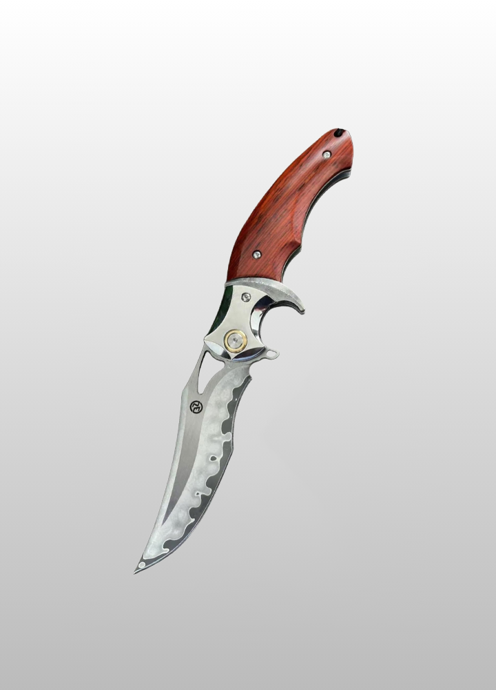 Fire Lotus Folding Knife with San Mai SKD11 Blade, Cocobolo Wood Handle, and Ergonomic Finger Guard Design