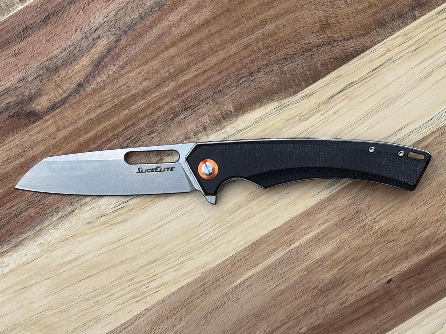 Full View of SliceElite 3.4 Inch Outlaw 505 EDC Knife D2 Micarta with wooden Background