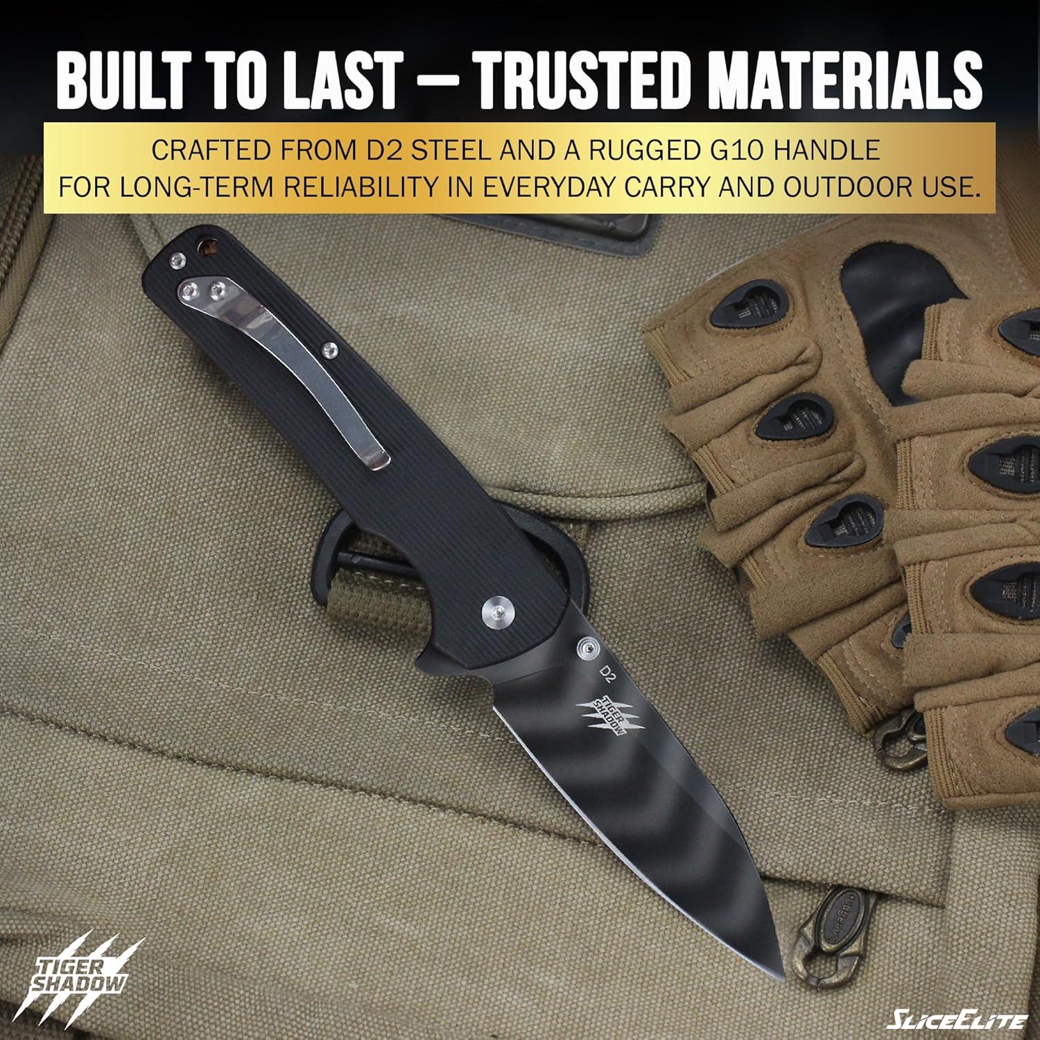 Full View of SliceElite Tiger Shadow Folding Knife and Brown Cut Gloves Aside