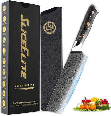 SliceElite 7-Inch Nakiri Knife Damascus VG10 Steel Carbon Fiber Handle with Polymer Sheath