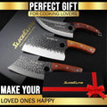 Gift set of three SliceElite hand-forged kitchen knives with wooden handles and hammered stainless-steel blades, displayed with a premium black gift box featuring a red ribbon. Text on the image highlights it as a perfect gift for cooking lovers and loved ones