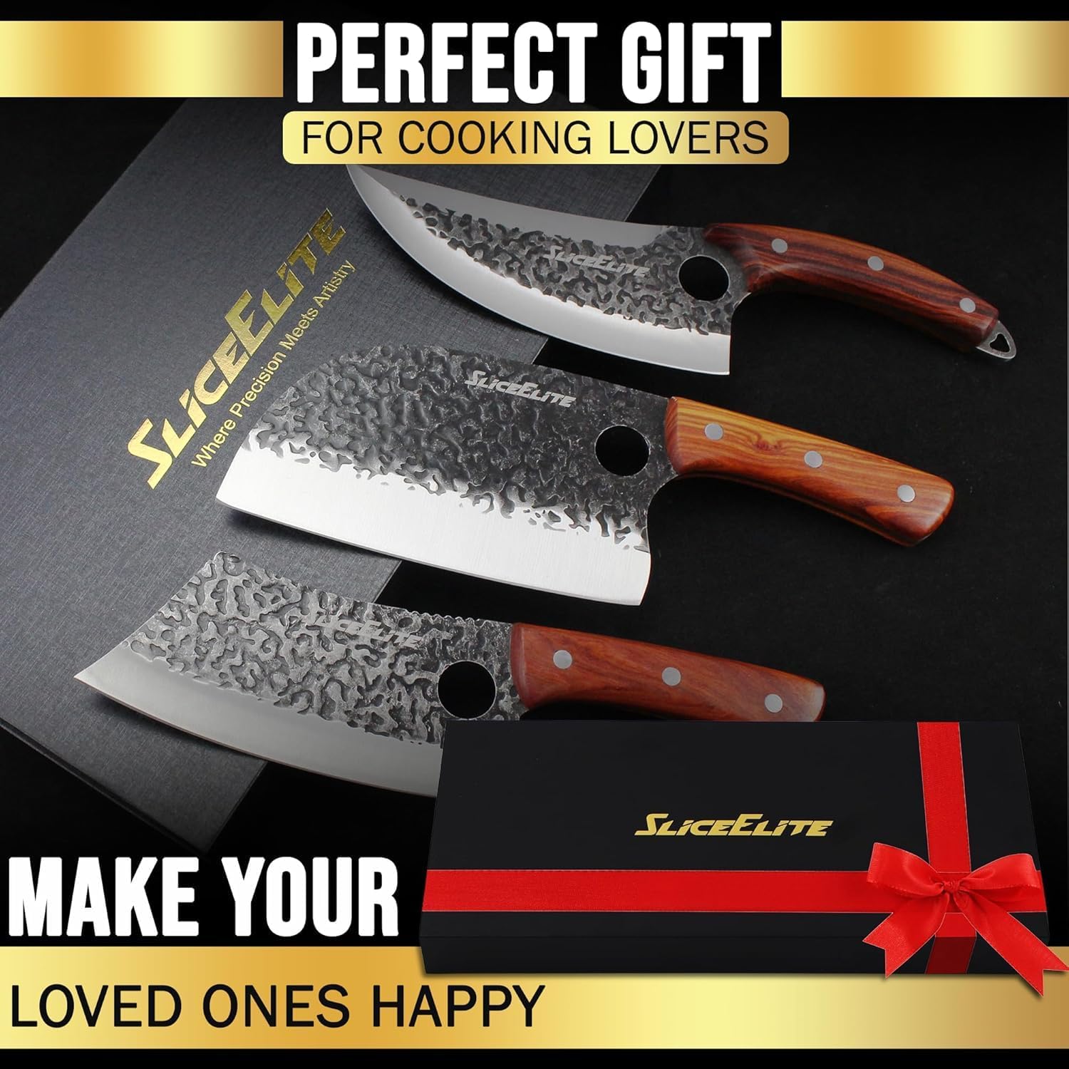 Gift set of three SliceElite hand-forged kitchen knives with wooden handles and hammered stainless-steel blades, displayed with a premium black gift box featuring a red ribbon. Text on the image highlights it as a perfect gift for cooking lovers and loved ones