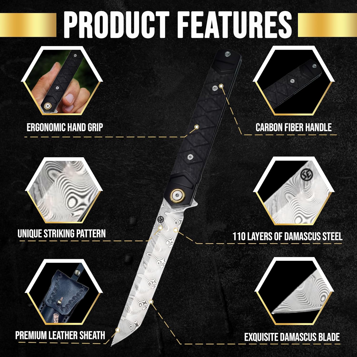 Hannya Samurai Folding Knife 110-Layer Damascus Knife Feature