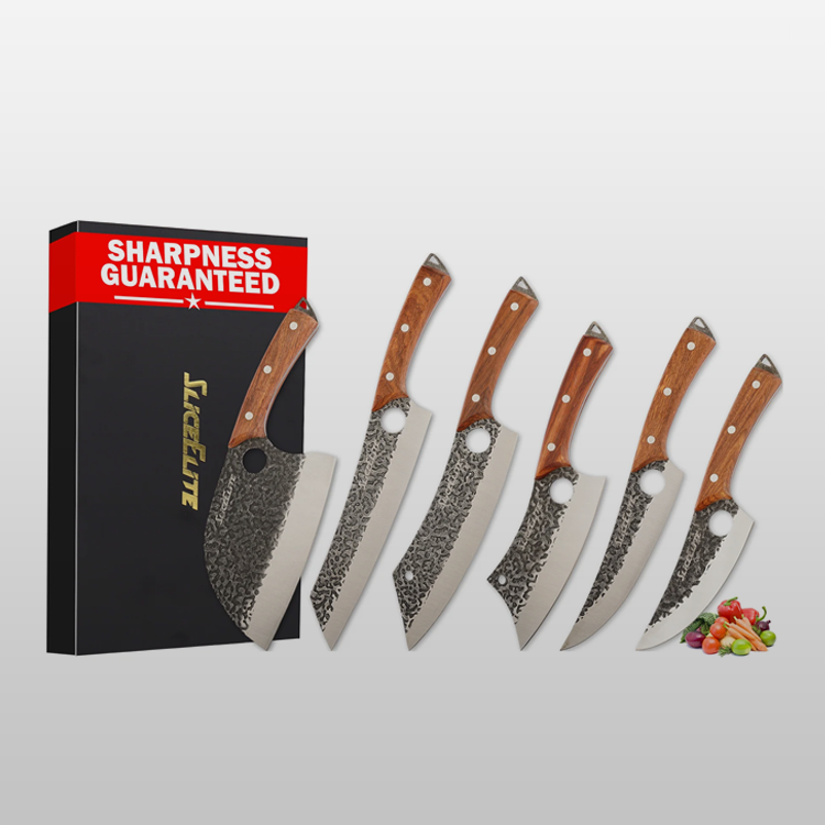 Set of six Heritage Forge knives with wooden handles and a 'Sharpness Guaranteed' box on a white background.