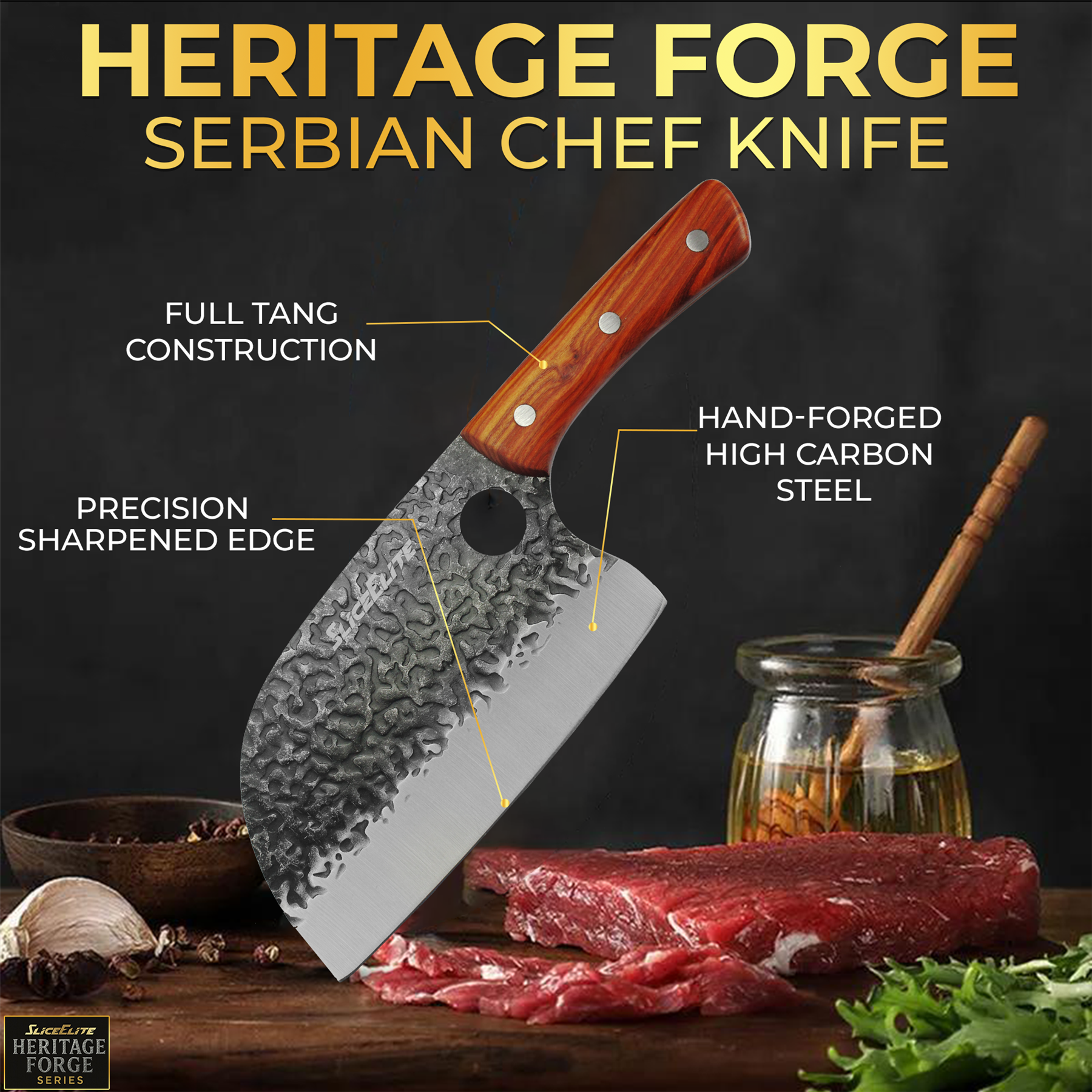 Heritage Forge Serbian Chef Knife with features highlighted on a dark background