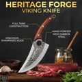 Heritage Forge Viking knife with features highlighted on a dark background