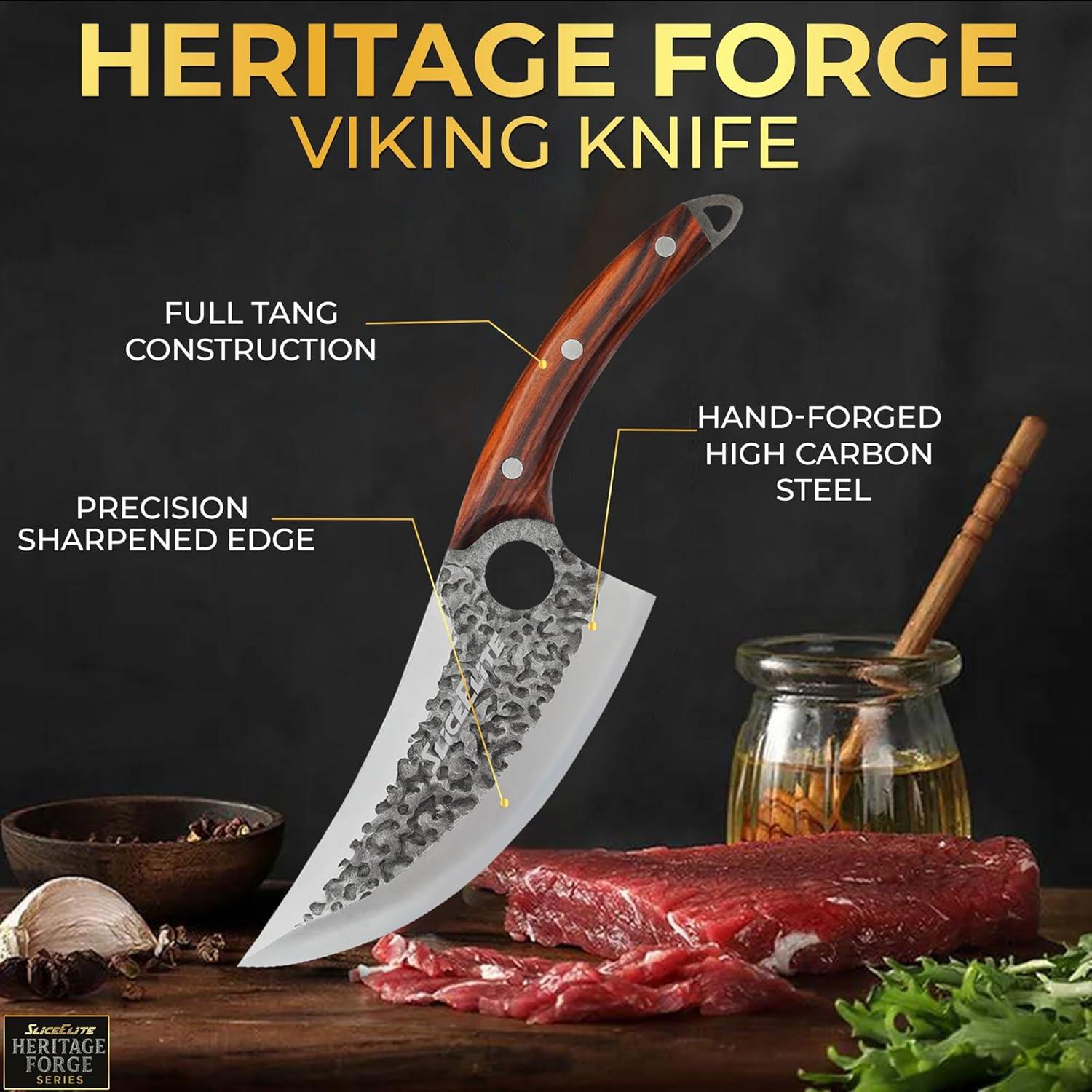 Heritage Forge Viking knife with features highlighted on a dark background