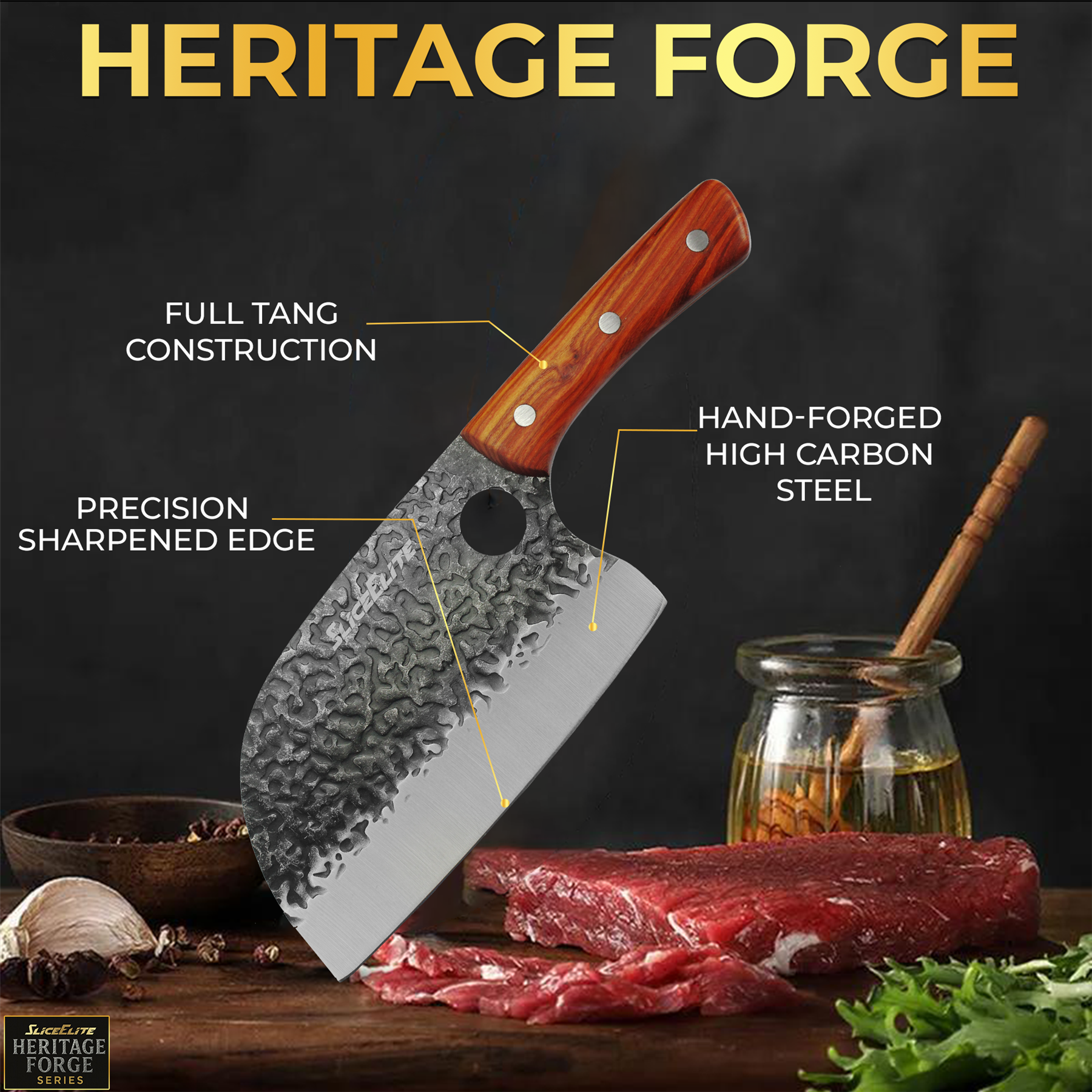 Heritage Forge cleaver with features highlighted on a dark background