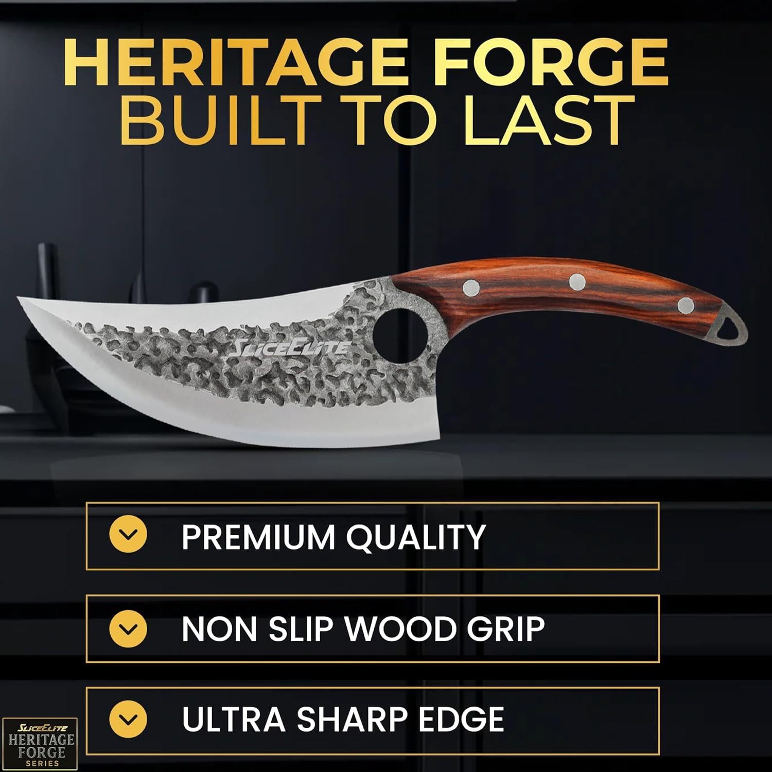 Knife with wooden handle and metal blade on a black background, featuring 'Heritage Forge' branding.