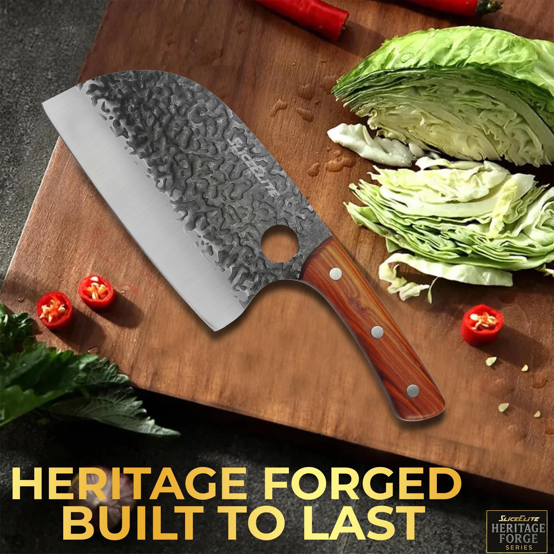 Heritage forged knife on a wooden cutting board with vegetables