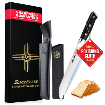 SliceElite 8-Inch Bread Knife German Steel Serrated Blade Pakkawood Handle with Dual Sheath
