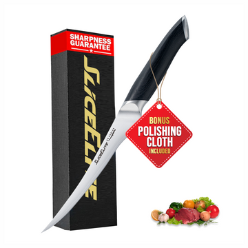 SliceElite 7 Inch Fillet Knife San Mai (3 Layer Damascus) Construction VG10 Steel core and Pakkawood Handle