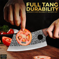 Knife cutting a tomato with text about full tang durability on a dark background
