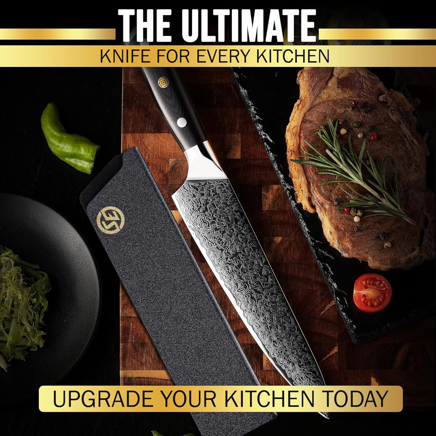 Damascus chef knife with a leather sheath, displayed next to a steak and fresh vegetables, showing its precision and versatility for kitchen tasks.