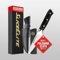 Knife set with black sheath and 'Slice Elite' packaging on a light gray background