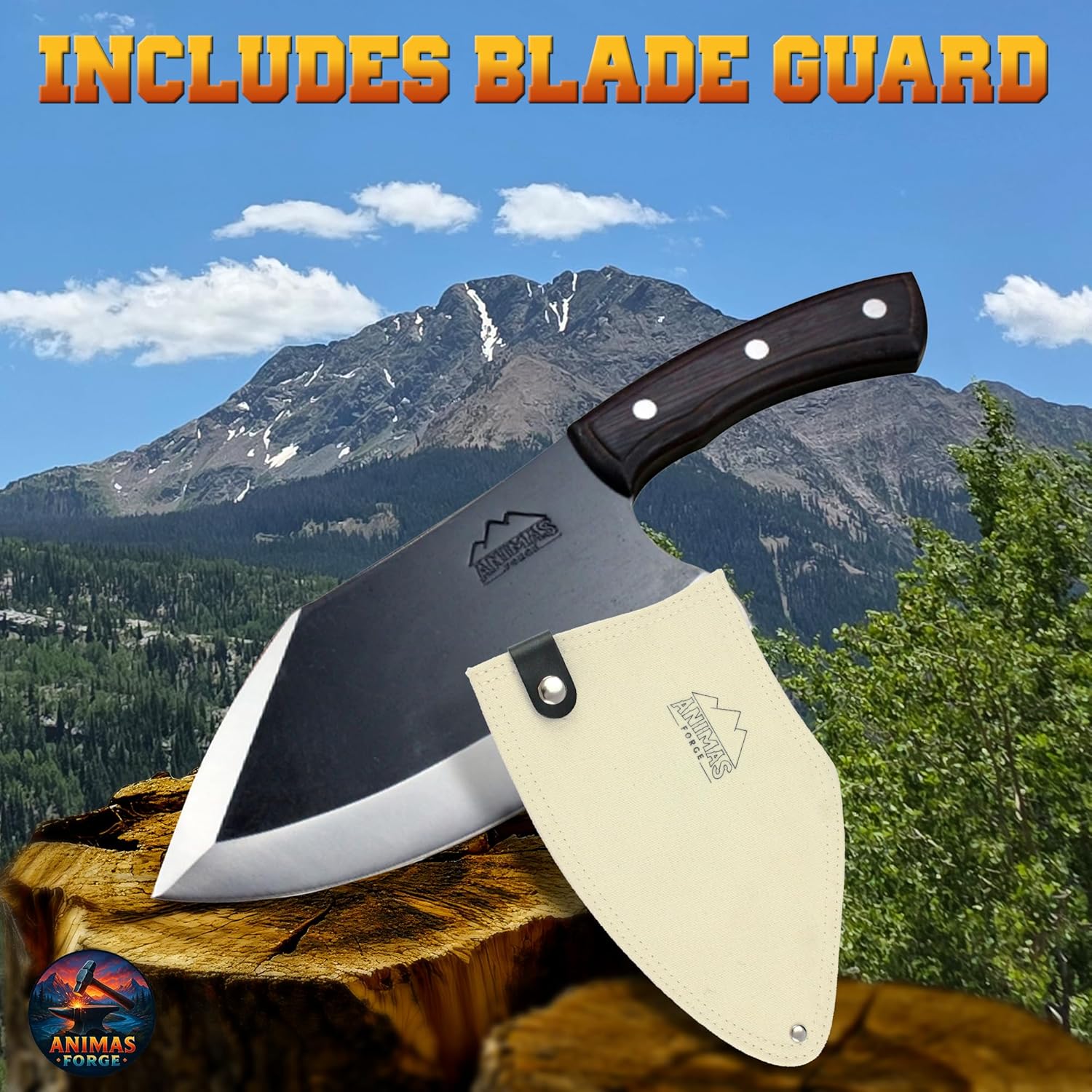 Knife with blade guard on a wooden stump against a mountainous landscape