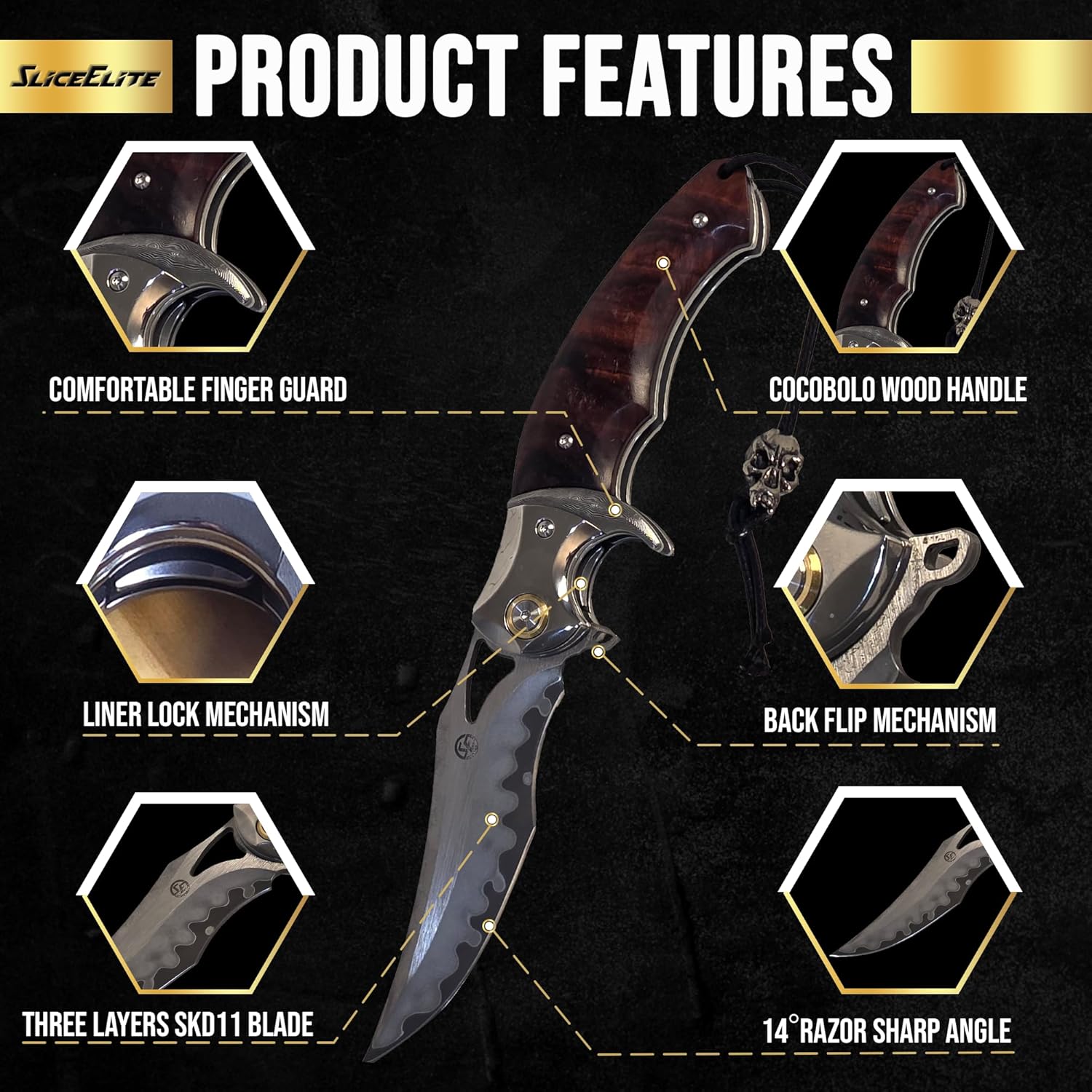 Knife with labeled features on a black background