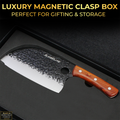 Knife with wooden handle in a black box labeled 'Luxury Magnetic Clasp Box' on a dark background.