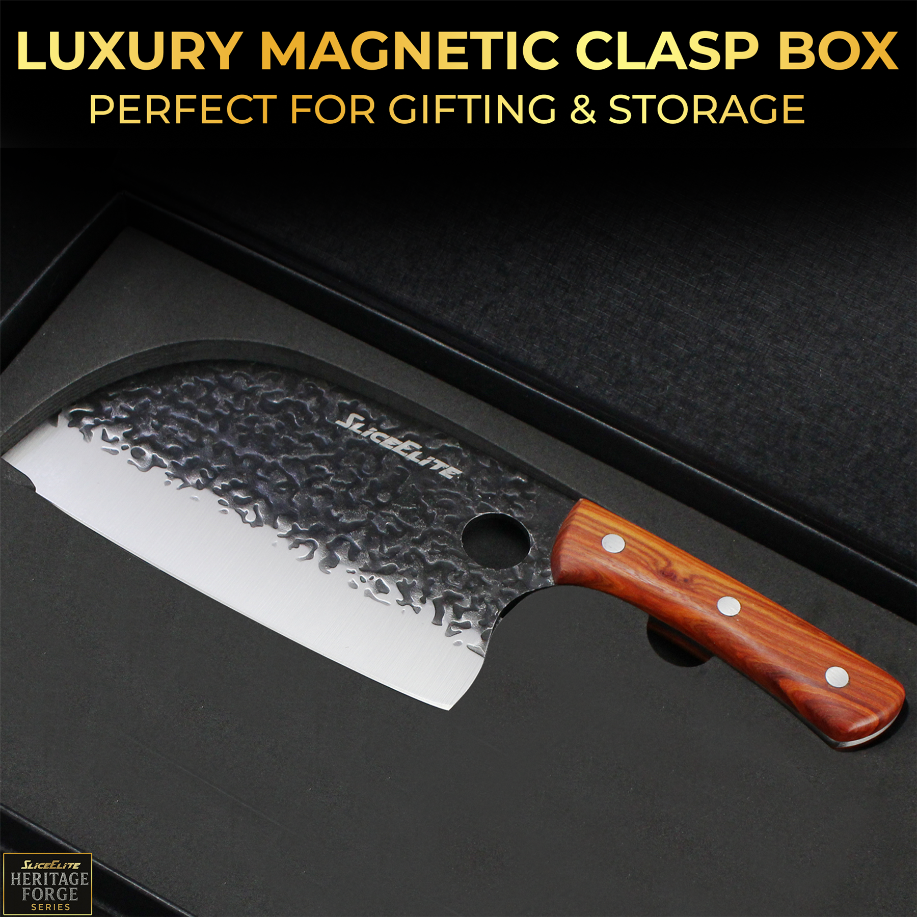 Knife with wooden handle in a black box labeled 'Luxury Magnetic Clasp Box' on a dark background.