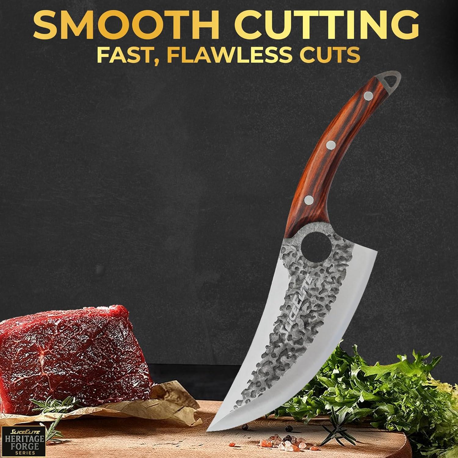 Knife with wooden handle on a cutting board next to raw meat and herbs, with text 'Smooth Cutting' and 'Fast, Flawless Cuts'.