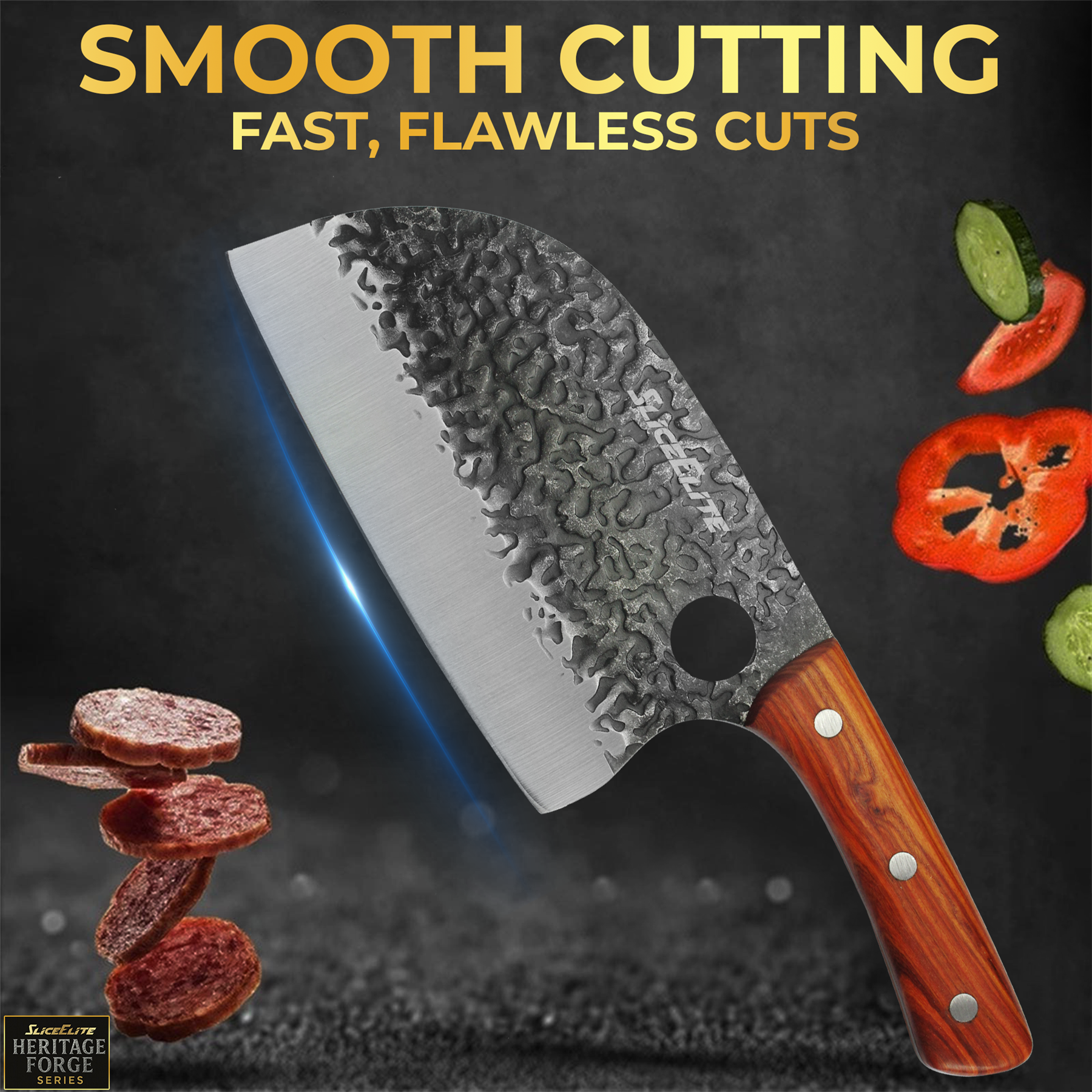 Knife with wooden handle on a dark background with text 'Smooth Cutting' and 'Fast, Flawless Cuts'.